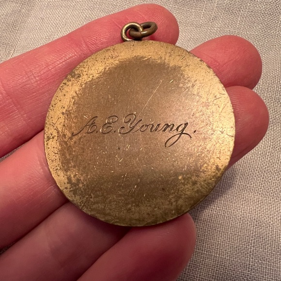 Vintage antique round gold achievement medal pendant shield engraved A. E. Young - Picture 9 of 9